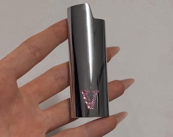 Custom Pink Sparkle Initial Lighter Case | Personalized Bachelorette Gift | Bridesmaid Favor | Silver Chrome Cute Monogram Lighter Sleeve