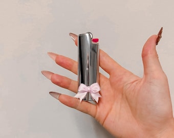 Silver Chrome Lighter Case with Pink Bow | Cute Girly Lighter Cover | Aesthetic Lighter Sleeve | Gift for Her | Coquette Pink