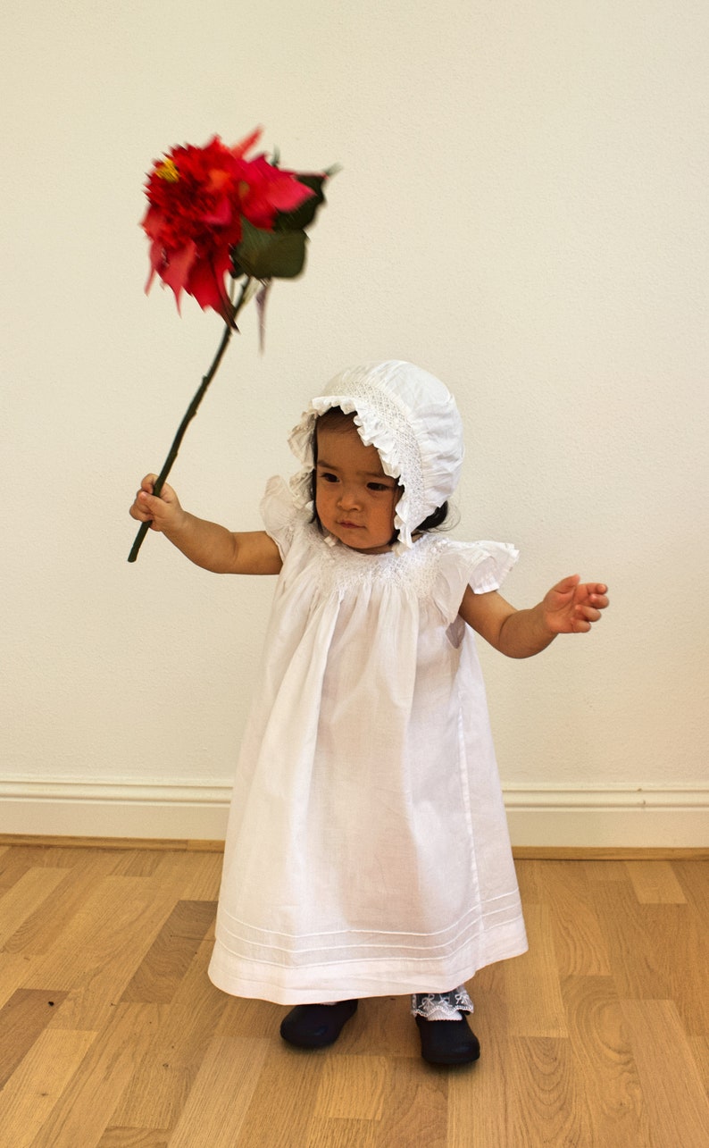 Christening with bonnet Smocked Dress Baby Newborn Girl Toodler Embroidered Sale until 20.07 Baptism Size 1 2 White Cotton