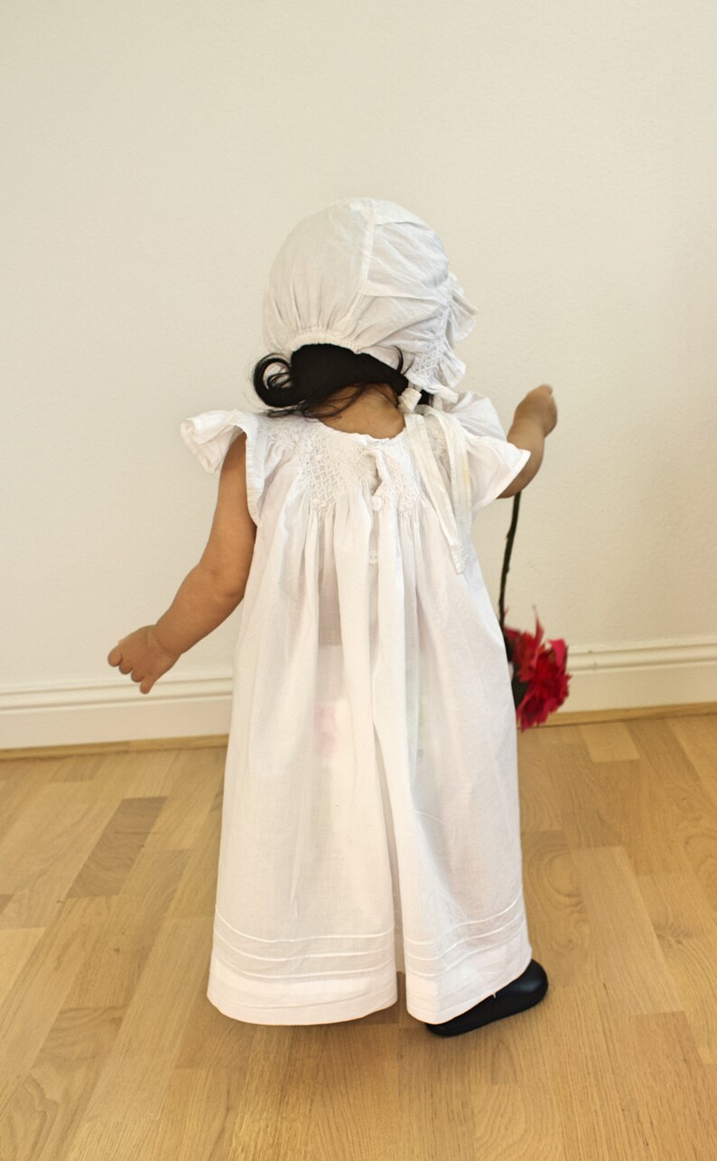 Christening with bonnet Smocked Dress Baby Newborn Girl Toodler Embroidered Sale until 20.07 Baptism Size 1 2 White Cotton