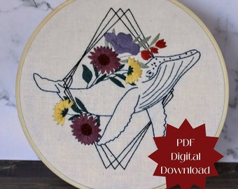 DIGITAL DOWNLOAD Floral Humpback Whale 8 Inch Embroidery Hoop - PDF Digital Download Only