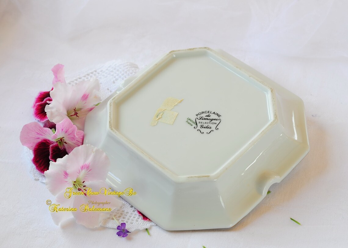 Big Ashtray Limoges Porcelain, White Ashtray With Pink Flowers and Gold
