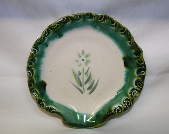 Small Green and White Spoon Rest Dish - Handmade Pottery