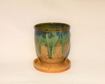 Handmade Pottery Flowerpot with attached water drainage tray