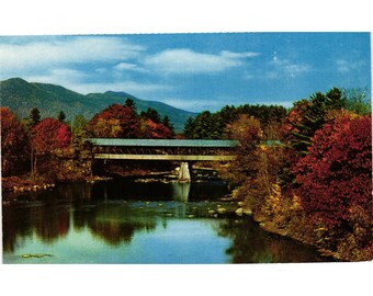Vintage Jackson New Hampshire Covered Bridge Postcard Fall Foliage Mountains