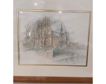 Framed Bernadetter Voz Watercolor Notre Dame Paris Signed Print Matted Art
