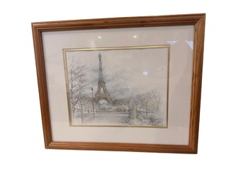 Framed Paris Eiffel Tower Signed Print Matted Wood Frame Street Scene Art