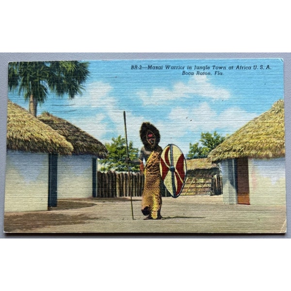 Masai Warrior Jungle Town Africa USA Boca Ratan Florida Postcard 1956 Vintage Souvenir
