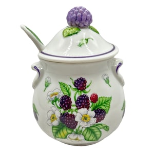Lenox Blackberry Jam Jelly Porcelain Jar Fruit Handle Lid Spoon 1991 Vintage