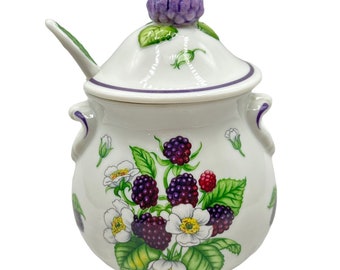 Lenox Blackberry Jam Jelly Porcelain Jar Fruit Handle Lid Spoon 1991 Vintage