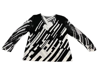 Vintage Womens Size Large Black White Abstract Geometric Long Open Knit Sleeve