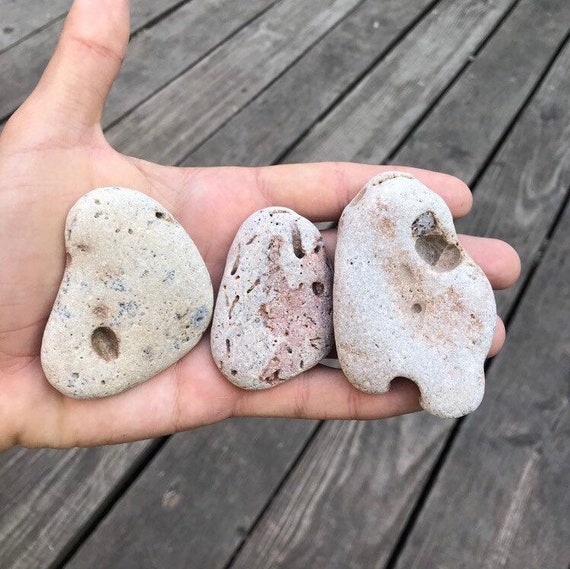 Naturally Holed Beach Stone Pebble with Natural Holes Beach Stone Odin Stone Talisman Gift For Sea Lover Hag Stone piedra de bruja