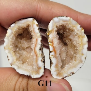 May include: Two halves of a geode with a white exterior and a crystal-filled interior. The crystals are clear and sparkly. The geode is labeled "G11".