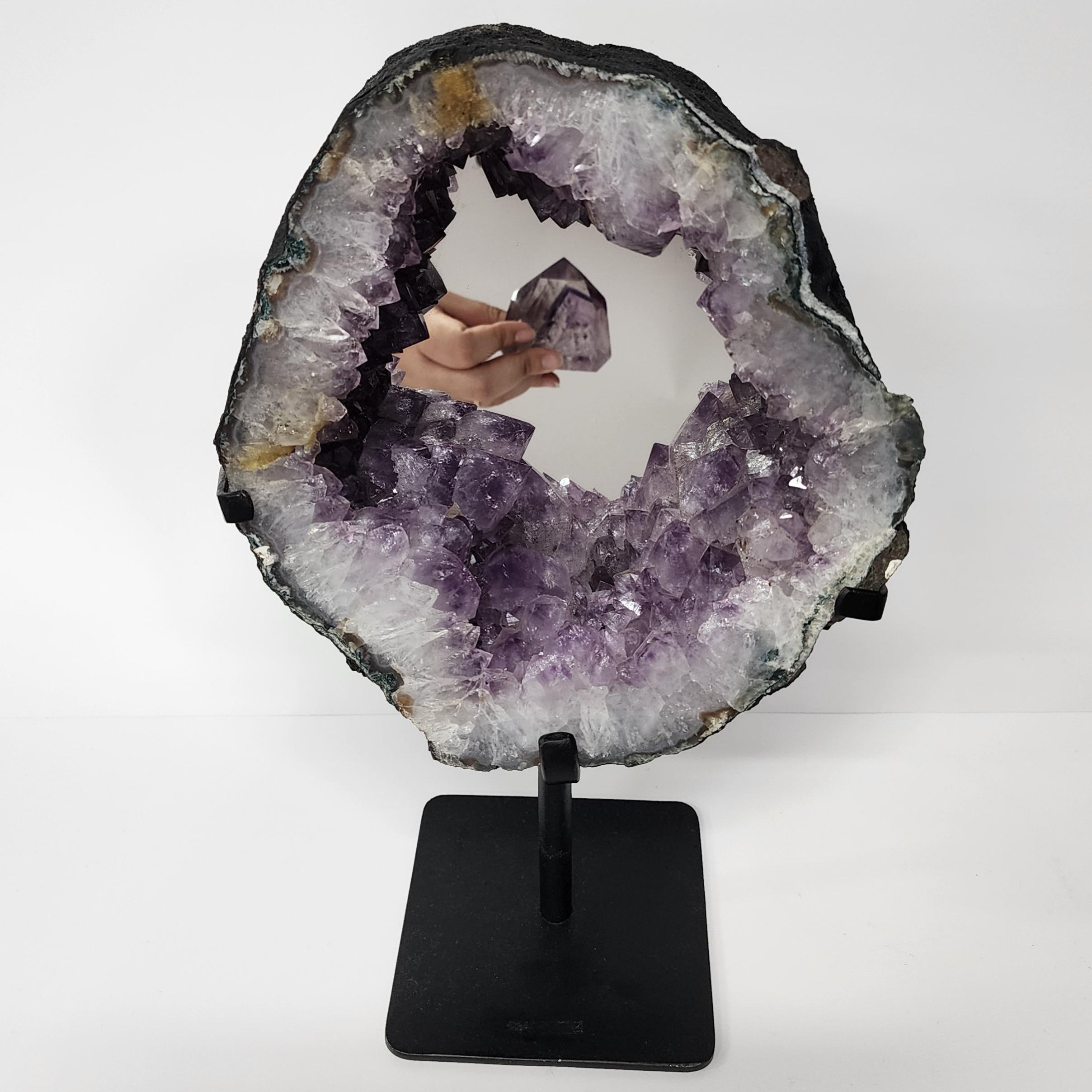 Amethyst Geode Slice With Mirror on Metal Stand From Brazil