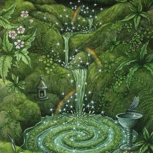 May include: Watercolour painting of a verdant landscape featuring a waterfall flowing into a spiral pool. Small rainbows and sparkling stars adorn the scene, alongside a bird bath and a miniature pagoda.