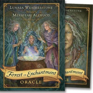 May include: Oracle cards with fantasy illustrations. The cards show figures in flowing robes, a white cat, and a cauldron. The box reads "Forest of Enchantment Oracle" with the artist's name, Lunaea Weatherstone.