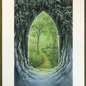 May include: A framed art print depicting a fantasy landscape. An arched doorway, framed by textured tree trunks and icicles, opens to a path leading into a lush green forest. The text "The Door into Somnus" is at the bottom.