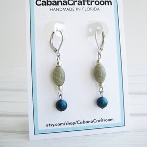glass, shell dangle earrings | grey, teal earrings | vacation jewelry