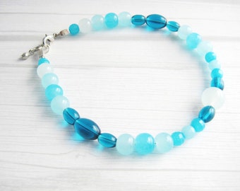 statement ankle bracelet | light blue, teal glass beads | beach wedding jewelry