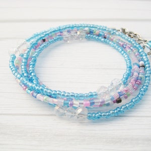 crystal and glass wrap bracelet | pastel blue beaded bracelet | convertible seed bead jewelry