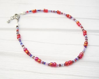 seed bead ankle bracelet | colorful slim anklet | red and purple anklet