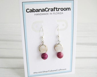 dangle earrings/ purple shell and silver-plated beads