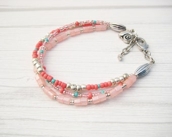 pink, coral, turquoise/ glass beads/ shell charm/ adjustable