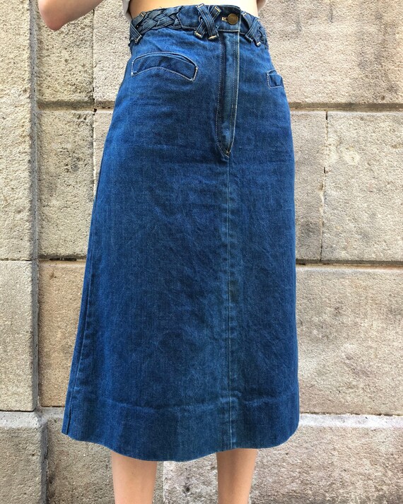 Midi skirt denim 70s round pockets detail braided