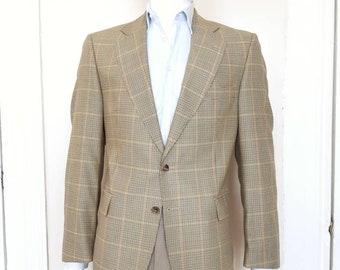 Aquascutum jacket, houndstooth in fall colors, size 42R. Navy, green, mustard and burnt orange against cream pattern. Vintage sport coat