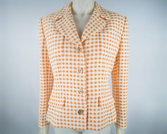 70s Guy Laroche blazer orange and white check, si… - image 1