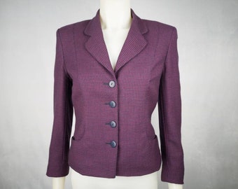 Laura Ashley purple and black houndstooth, size 8. 90s vintage short cropped blazer, made in Great Britain women's vintage blazer, 100% wool