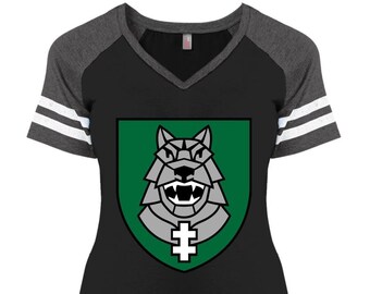 Lithuania Strong Gelezinis Vilkas District Made Women's Game V-Neck Tee is part of the Lithuania Strong Apparel Collection