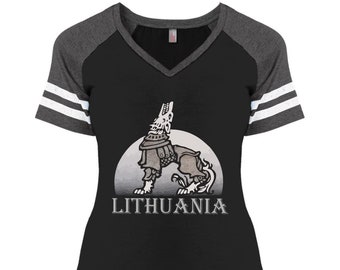 Lithuania Strong Iron Wolf Lithuania District Made Women's Game V-Neck Tee is part of the Lithuania Strong Apparel Collection