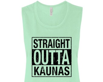 Lithuania Strong Straight Outta Kaunas Ladies' Flowy Muscle Tank is part of the Lithuania Strong Apparel Collection