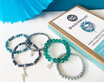 Silver & Emeralds Bracelet Making Kit, Jewellery Making Kit, Birthday Gifts for Kids, Beaded Bracelet, Bead Stars, Kids Craft Kit