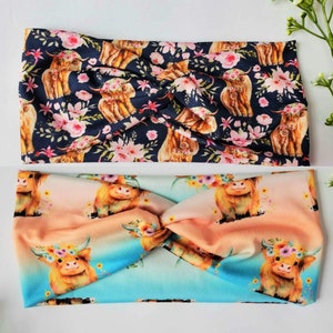 Highland Cow Twist Headband: Floral Western Style