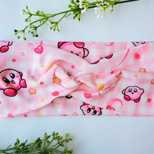 Twisted Headband: Pink Plaid, Kirby Print, Elastic Turban
