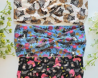 Raccoon Twist Headband: Floral, Funny Animal Print, Soft Turban