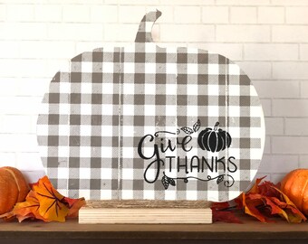 Farmhouse decor standing gray buffalo check pumpkin - give thanks