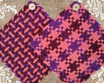 Potholder Handmade  Set , 8 1/4" Retro Cotton Hot Pad Pot Holders, Vintage Kitchen, Gift for Cook