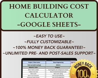 Simple Home Building Cost Calculator Template - Estimate GOOGLE SHEETS Template - Build Calculator - Home Building Cost Breakdown Sheet