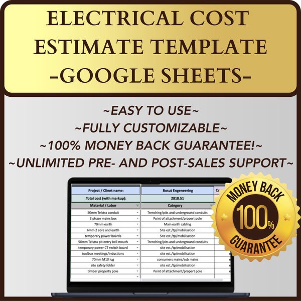 Simple Electrical Project Cost Estimate Calculator GOOGLE SHEETS Template | Project Budgeting | Bid & Quote | Electrician Job Cost Sheet