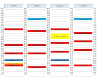 May include: A weekly schedule for social media posting, with each day of the week listed across the top and times listed down the side. The schedule includes various tasks, such as "Facebook post", "Twitter post", "Instagram post", "Blog post", "New blog writing", and "Snapchat marketing".
