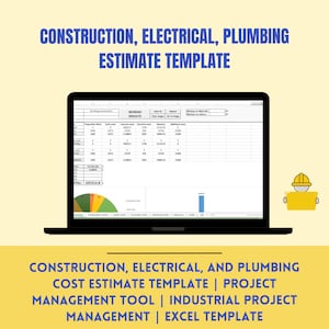 Op de afbeelding: Een laptopscherm dat een spreadsheet toont met de titel "Bouw-, elektrotechnische en loodgieterskostenraming". De spreadsheet bevat kolommen voor "Voorbereidende werkzaamheden", "Aardwerk", "Betonwerk", "Elektrotechnische werkzaamheden", "Metselwerk" en "Aanvullende werkzaamheden". De spreadsheet bevat ook een cirkeldiagram dat de verdeling van de kosten voor elke categorie werkzaamheden laat zien.