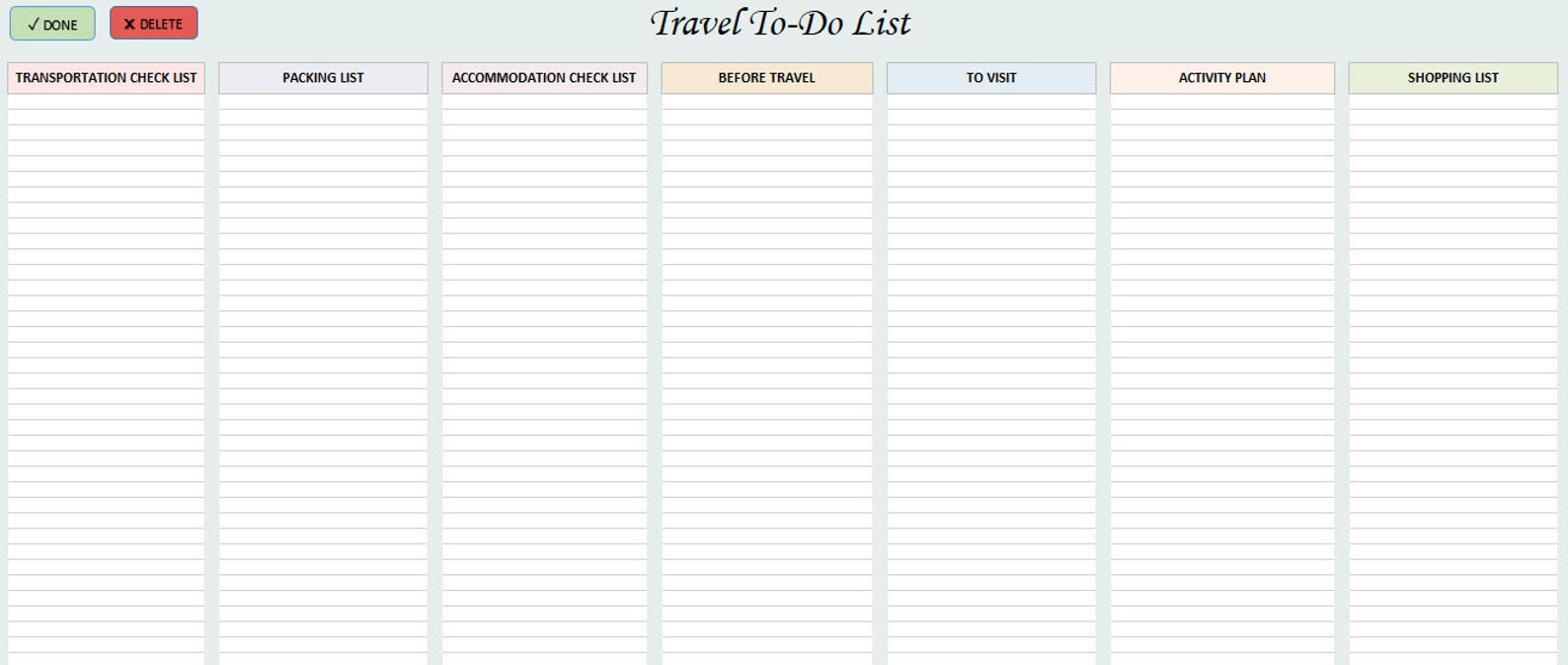 TRAVEL PLANNER EXCEL Todo List Template Customizable Travel Planner