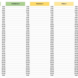 May include: A weekly planner with a blank grid for each day of the week, Monday through Sunday. The days are color-coded with green, yellow, and gray.