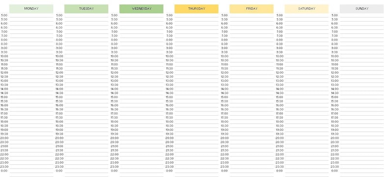 May include: A weekly planner with a blank grid for each day of the week, Monday through Sunday. The days are color-coded with green, yellow, and gray.