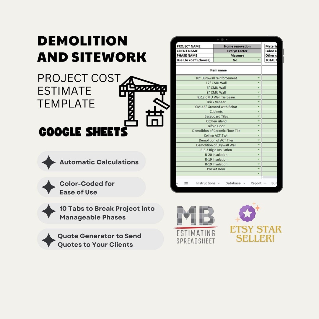 Demolition & Sitework Project Cost Estimate Template - Google Sheets - Etsy