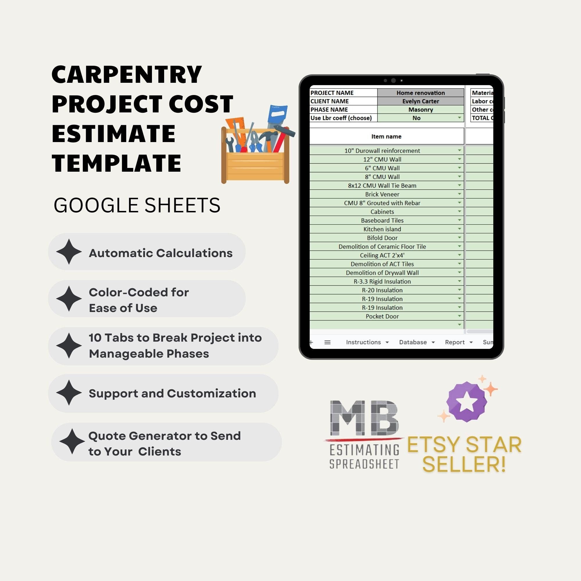 Carpentry Project Cost Estimate Template - Google Sheets - Etsy