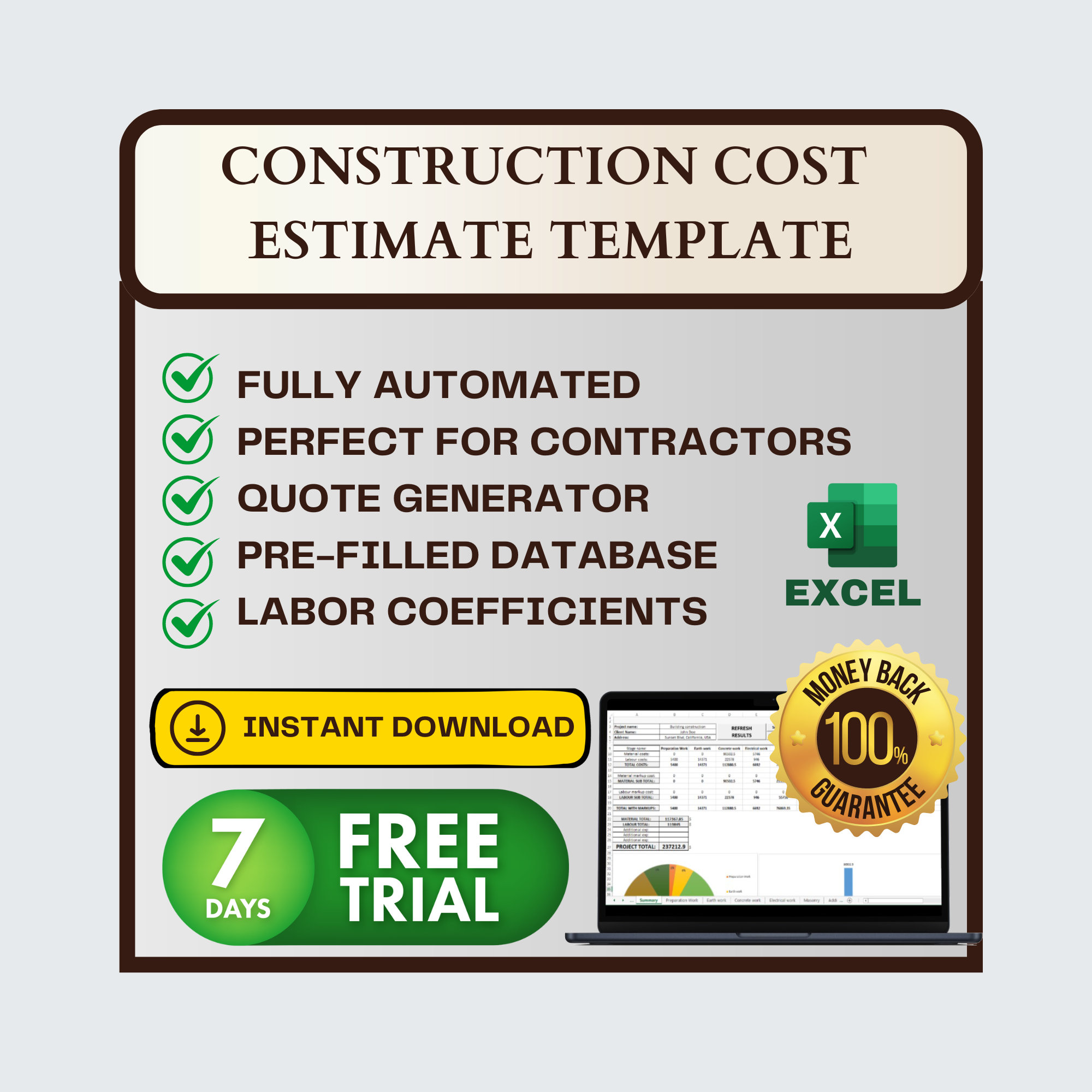 Construction Cost Estimate EXCEL Template | Construction Project Budget ...